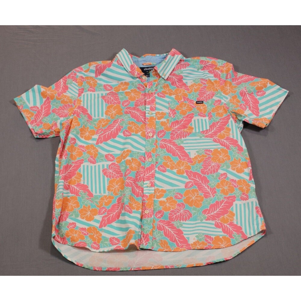 Chubbies Short Sleeve Button Shirt Mens Teal Floral Hawaiian Camp Down Up XL
